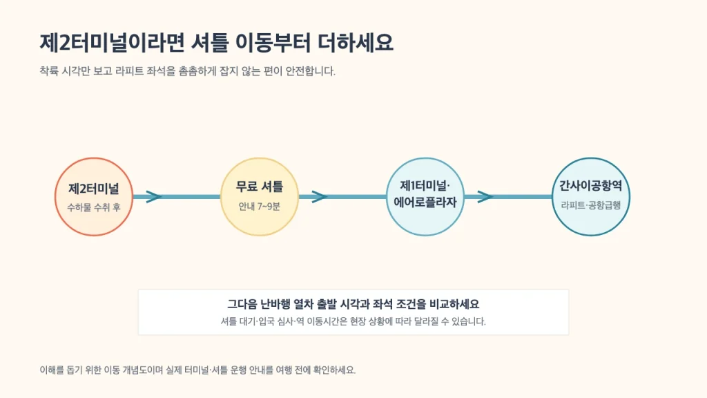 간사이공항 제2터미널에서 무료 셔틀과 간사이공항역을 거쳐 난바행 열차를 타는 단계