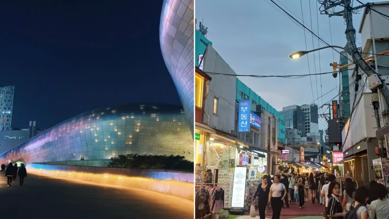 Split view of Dongdaemun Design Plaza at night and a busy Hongdae shopping street