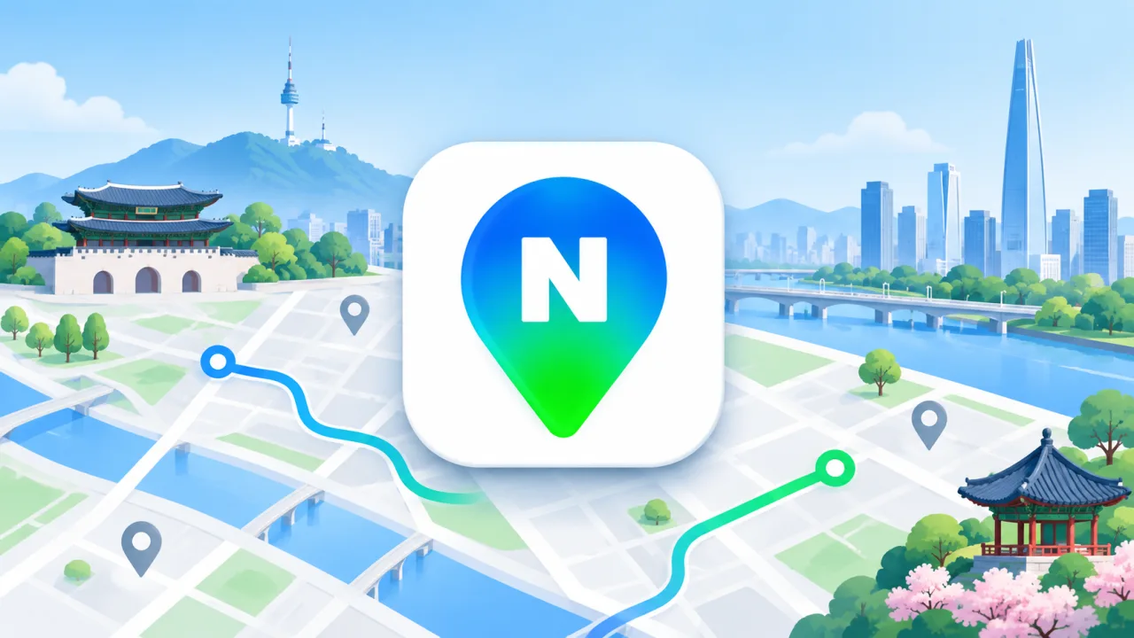 NAVER Map app icon above an illustrated Seoul map with landmarks and a route line