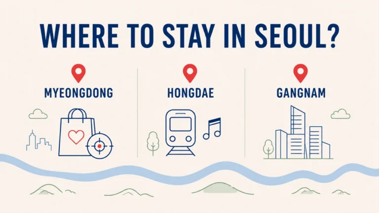 Editorial comparison graphic for choosing between Myeongdong, Hongdae, and Gangnam in Seoul