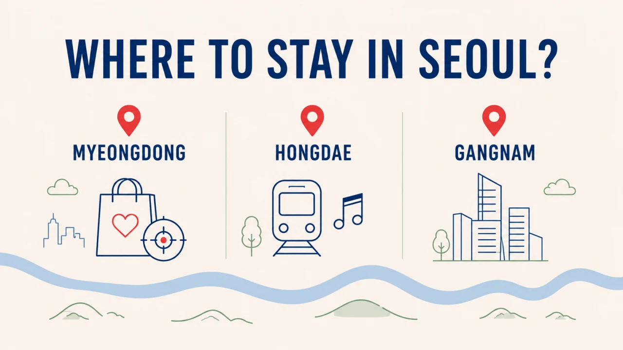Editorial comparison graphic for choosing between Myeongdong, Hongdae, and Gangnam in Seoul