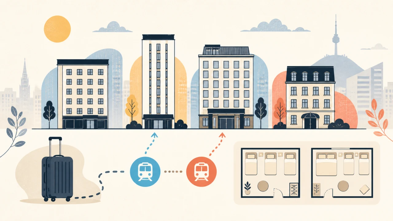 Editorial illustration comparing four Myeongdong hotels by luggage route, subway access, and room layout