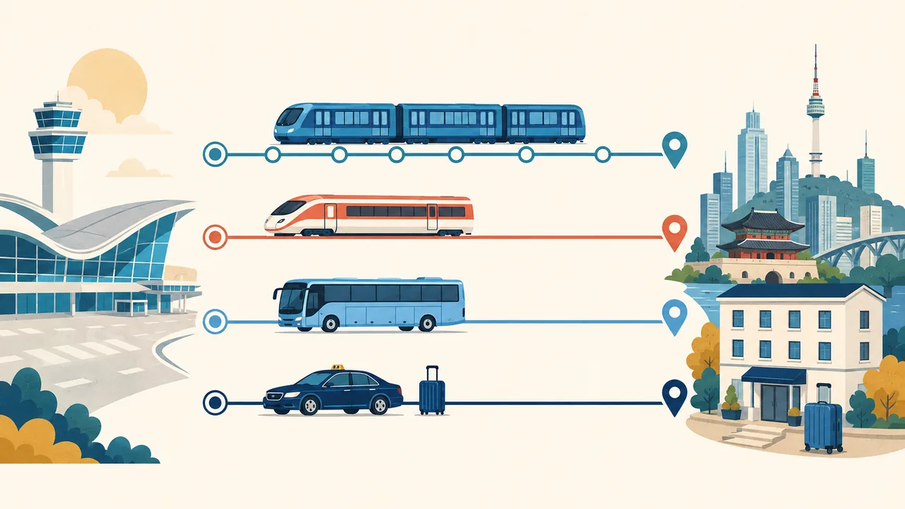 Editorial guide comparing AREX trains, an airport bus, and a taxi from Incheon Airport to Seoul