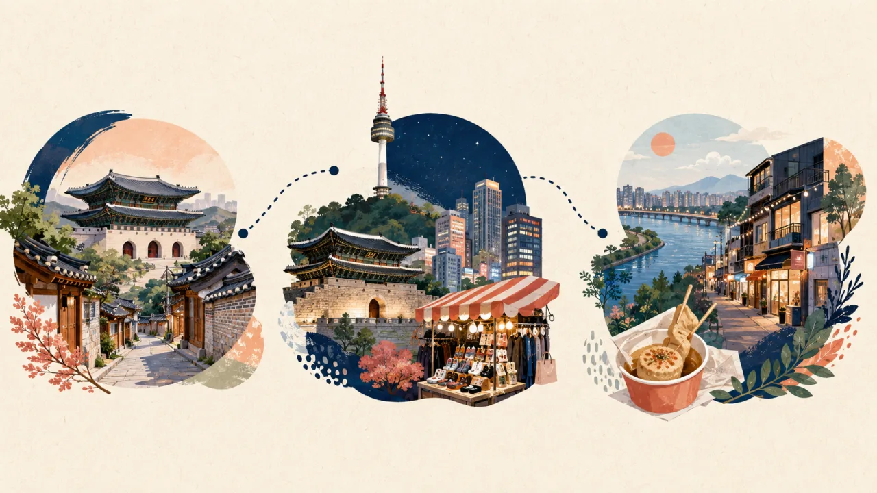 Editorial three-day Seoul itinerary showing palace, Namsan, market, river, and Hongdae area clusters