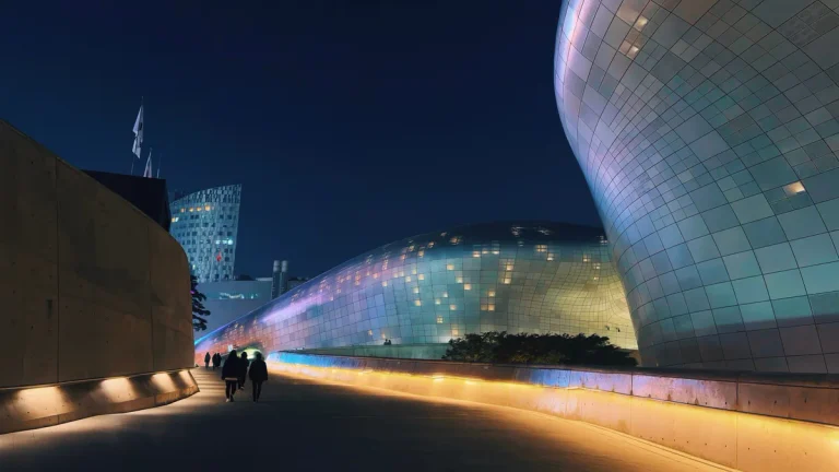 Dongdaemun Design Plaza illuminated at night in Seoul