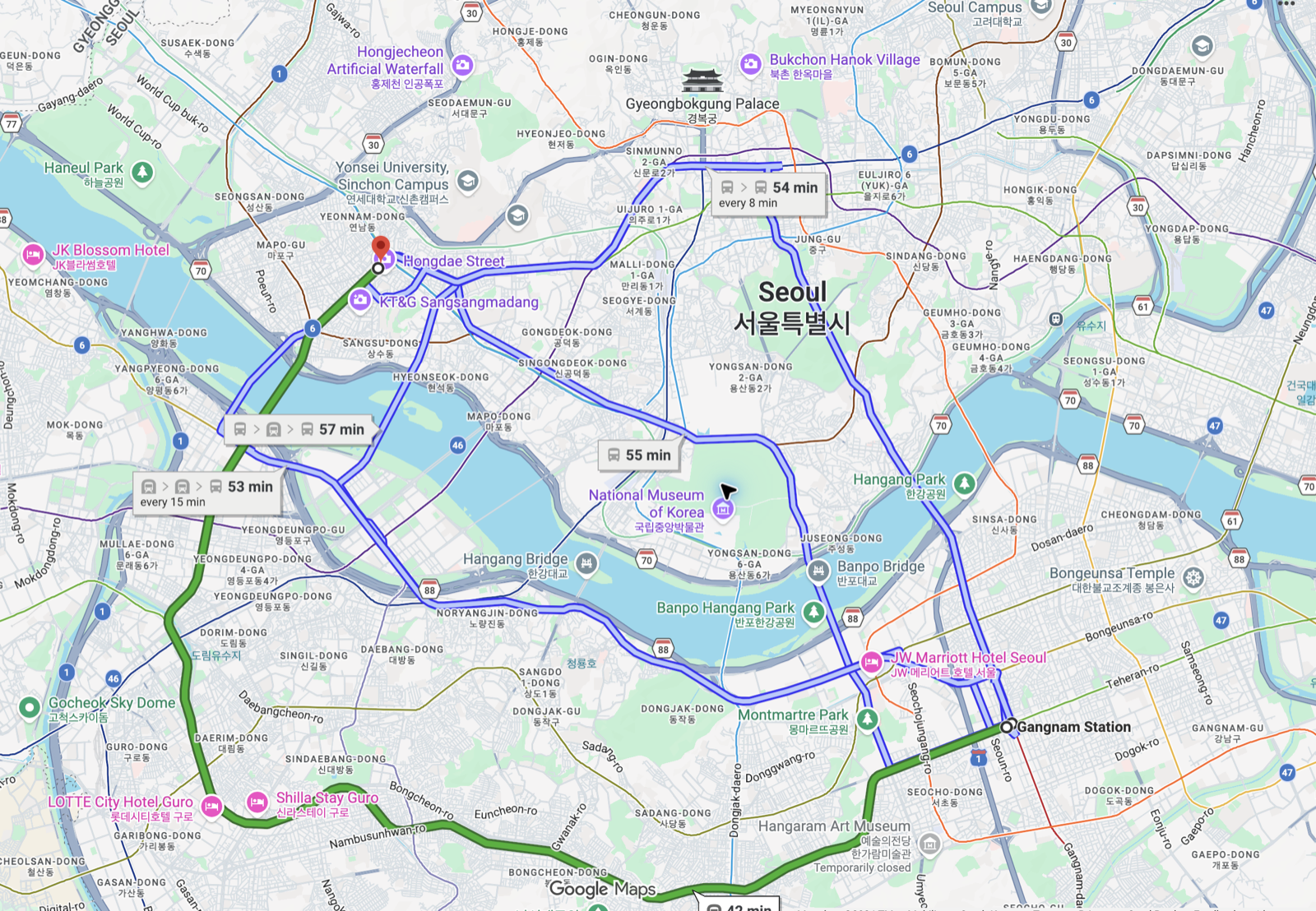 Google Maps transit routes from Hongdae Street to Gangnam Station, with the fastest displayed option taking 53 minutes