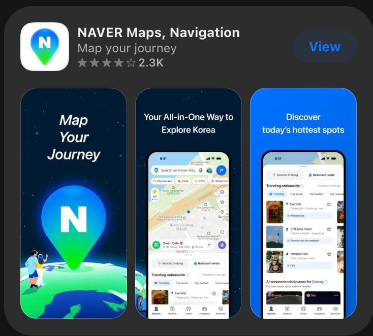App Store preview for NAVER Maps showing place discovery and navigation screens
