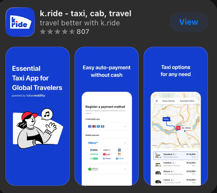 App Store preview for k.ride showing automatic payment and taxi choices