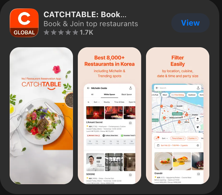 App Store preview for CATCHTABLE Global showing restaurant listings, booking, and filters