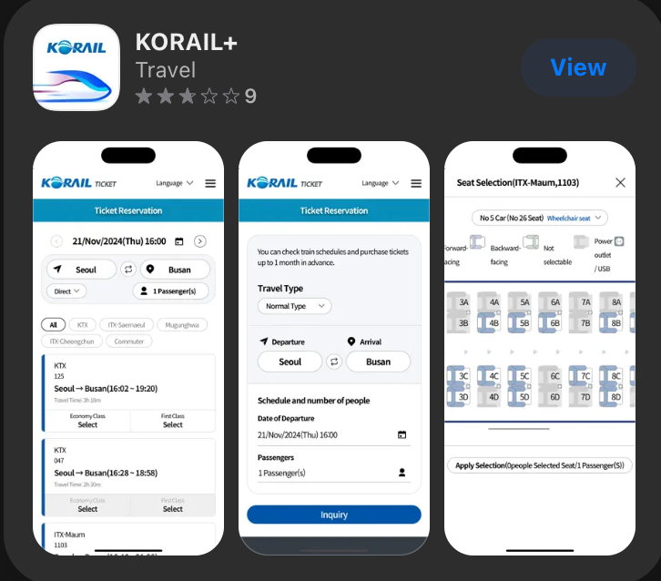 App Store preview for KORAIL+ showing train search, ticket options, and seat selection