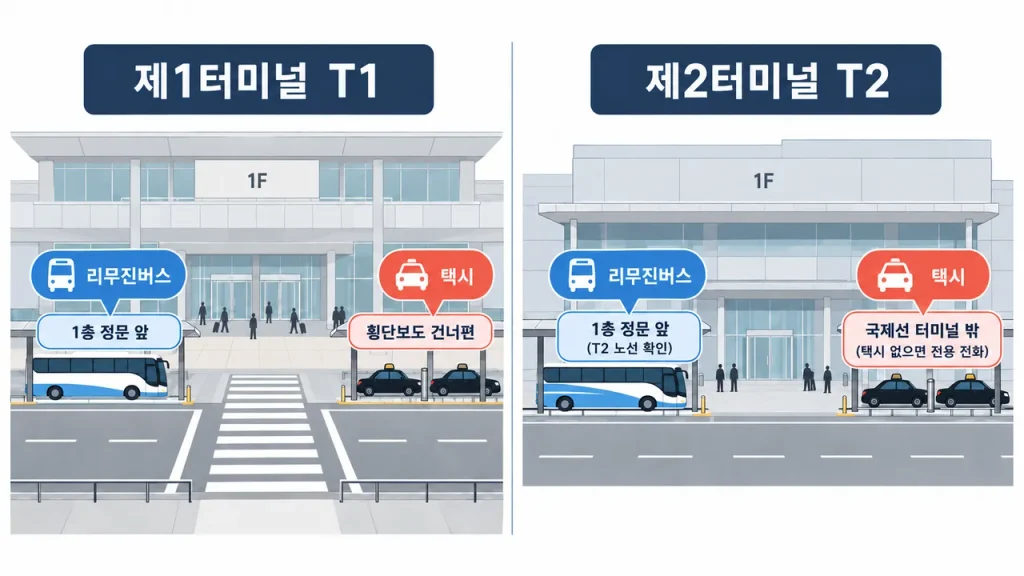 간사이공항 제1·제2터미널의 리무진버스와 택시 승차 위치 비교