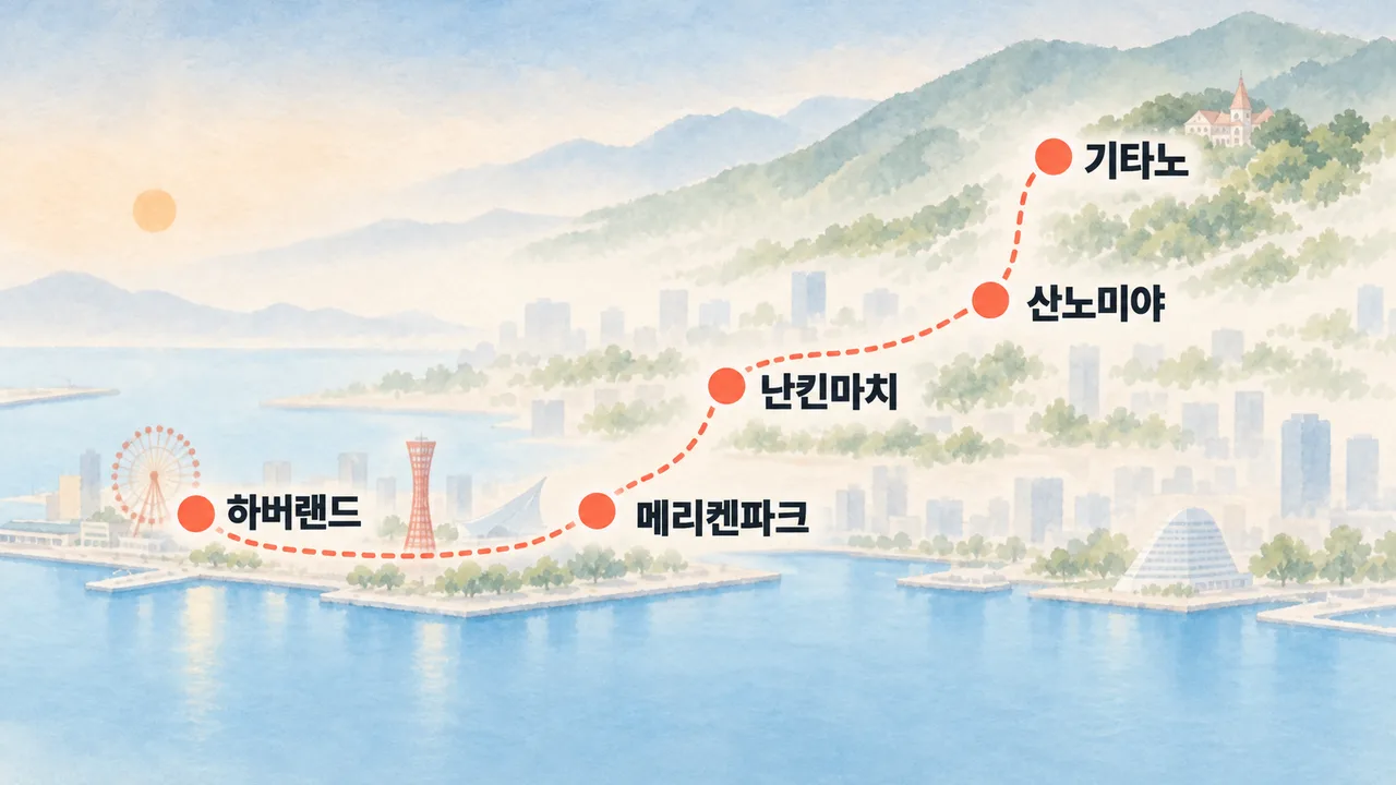 산쪽 기타노에서 산노미야로 내려와 난킨마치·메리켄파크·하버랜드로 이어지는 다섯 장소의 상대 위치 개념도