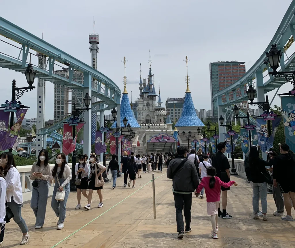 Visitors walking through Magic Island inside Lotte World in Seoul