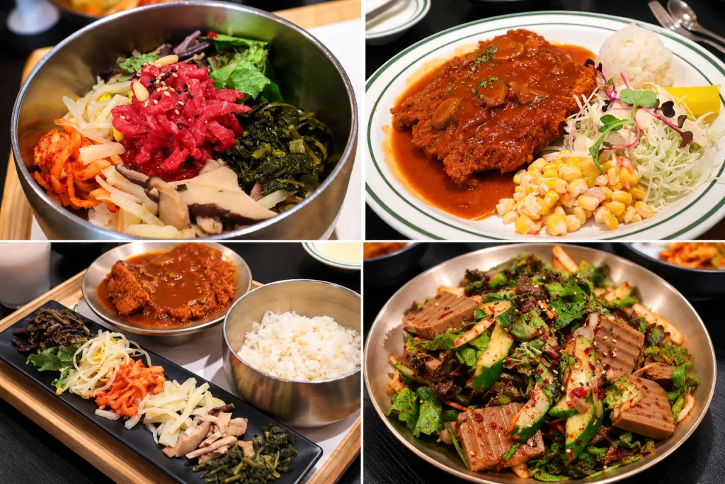 Namsan SanChaeJip dishes including bibimbap, pork cutlet, a set meal, and acorn jelly salad