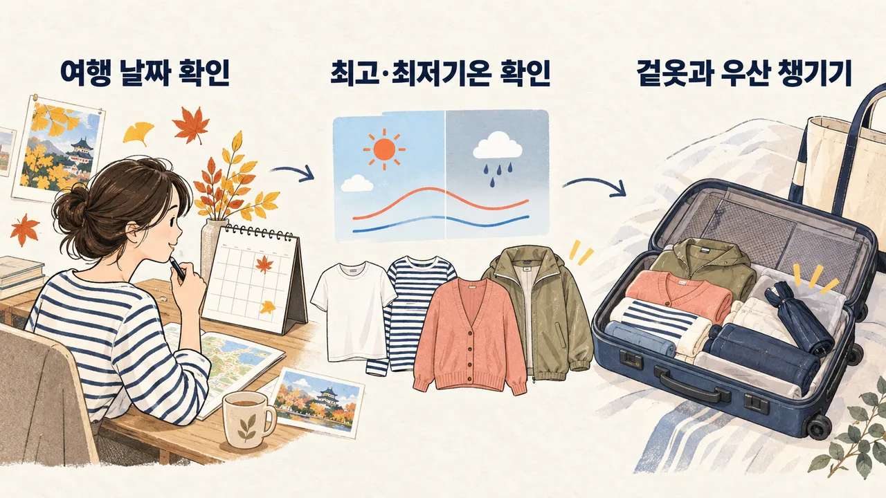 달력으로 여행 날짜를 확인하고 최고·최저기온을 본 뒤 가디건·재킷과 우산을 챙기는 세 단계 여행 준비 그림
