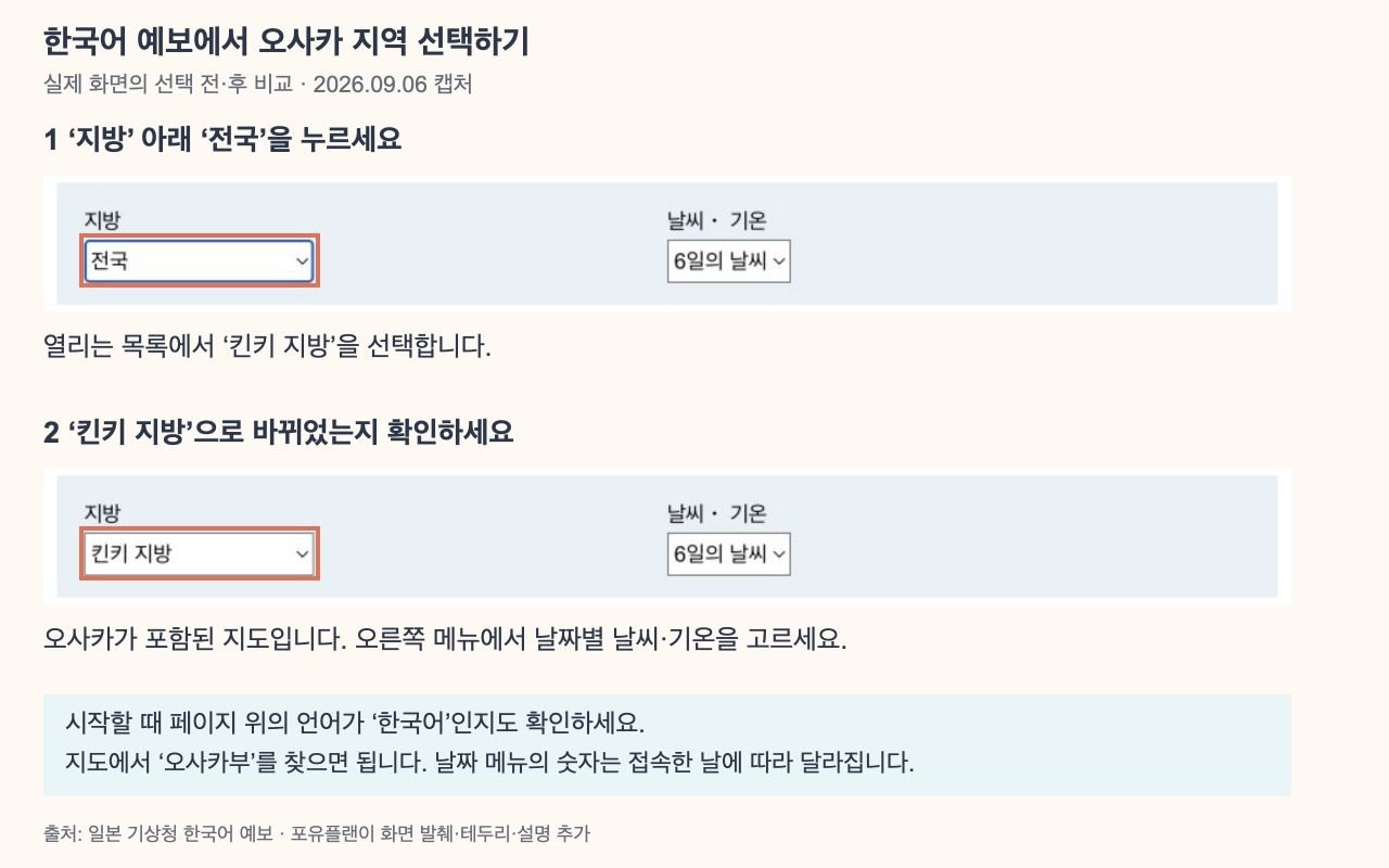일본 기상청 한국어 예보에서 지방 메뉴의 전국을 누르고 킨키 지방을 선택한 전후 화면