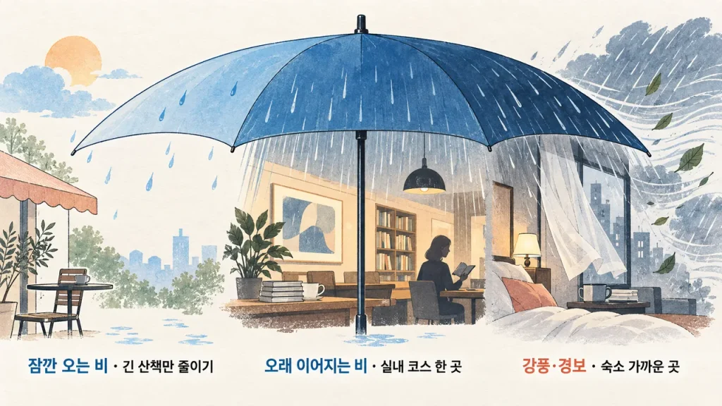 우산과 비·바람의 변화를 따라 잠깐 오는 비에는 긴 산책을 줄이고, 오래 오는 비에는 실내 코스 한 곳을 고르며, 강풍·경보 때는 숙소 가까운 곳을 택하는 세 단계 그림
