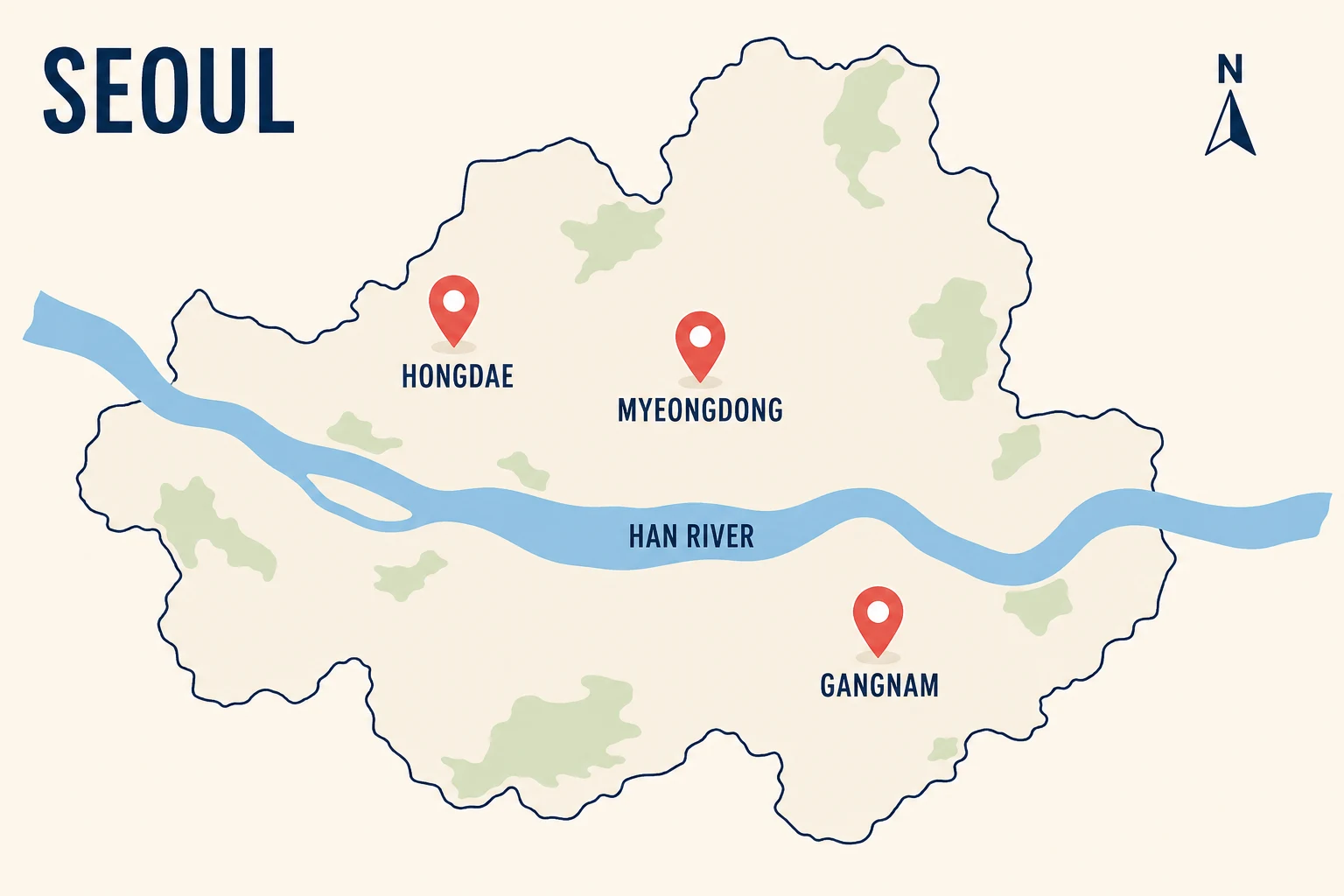 Simplified map of Seoul showing Hongdae and Myeongdong north of the Han River and Gangnam south of the river