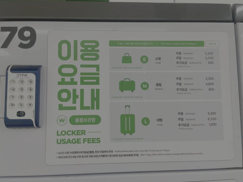T-Locker fee board listing four-hour weekday and weekend prices and hourly additional fees by locker size
