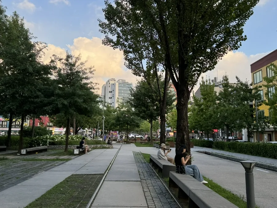 Tree-lined pedestrian path beside shops in Yeonnam-dong near Hongdae